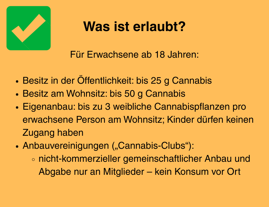 Was ist erlaubt? Für Erwachsene ab 18 Jahren: Besitz in der Öffentlichkeit: bis 25 g Cannabis Besitz am Wohnsitz: bis 50 g Cannabis Eigenanbau: bis zu 3 weibliche Cannabispflanzen pro erwachsene Person am Wohnsitz; Kinder dürfen keinen Zugang haben  Anbauvereinigungen („Cannabis-Clubs“):  nicht-kommerzieller gemeinschaftlicher Anbau und Abgabe nur an Mitglieder – kein Konsum vor Ort