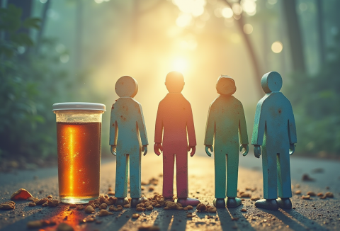 Vier Personen neben einem menschengroßen Medikamentenbehälter